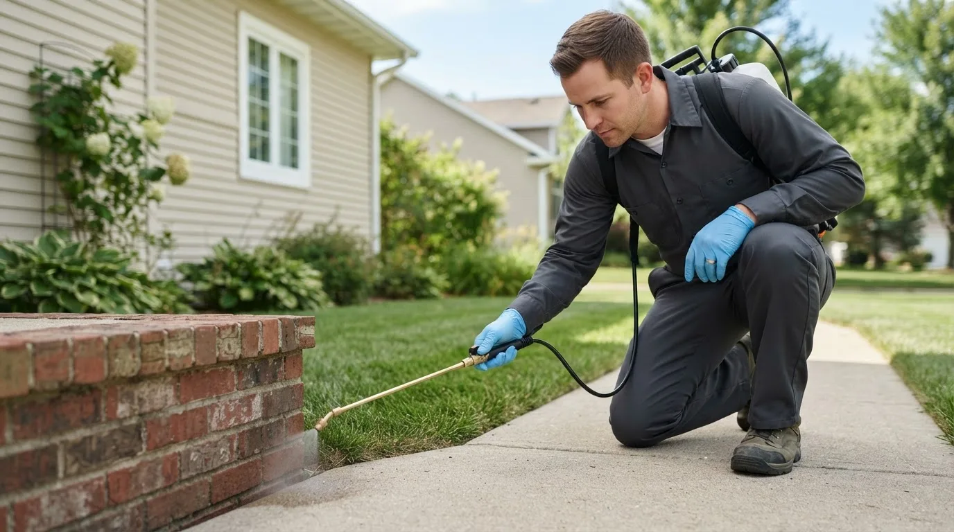 Pest control technician treating a home near Kimberly, OR